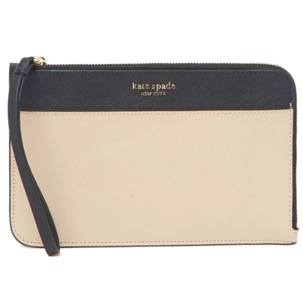 Kate Spade Staci Medium L-Zip Wristlet Beige/Black NWOT